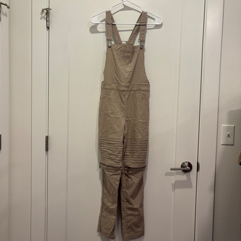 ATG Tan Moto Ribbed Utility Overalls Khaki Zipper Knee Bib Jumpsuit Womens